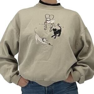Vintage 90’s Crew Neck Sweatshirt Embroidered Cats Beige Tan Large